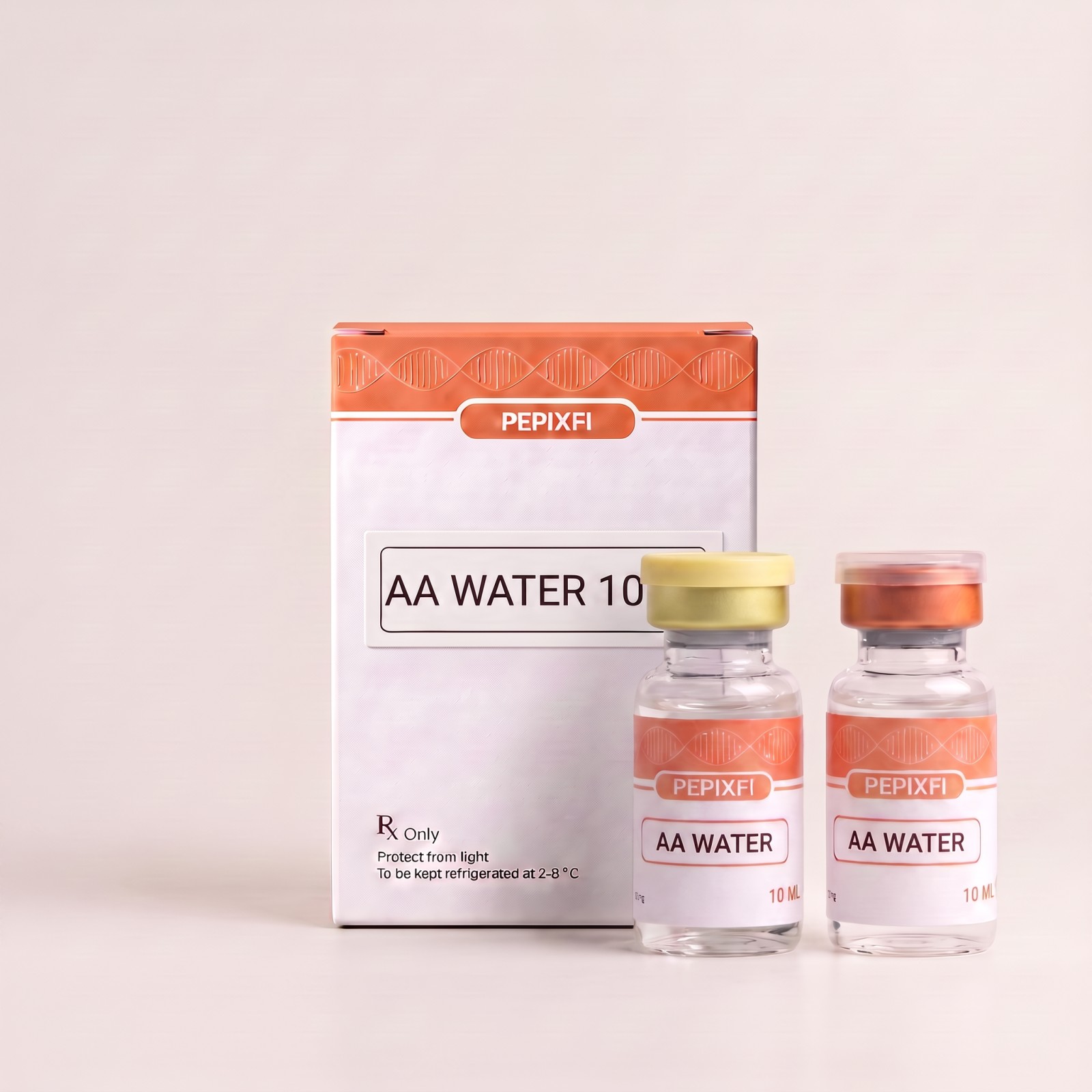 AA-vatten 10ml — vial och BAC-vatten, förpackning från Pepixfi