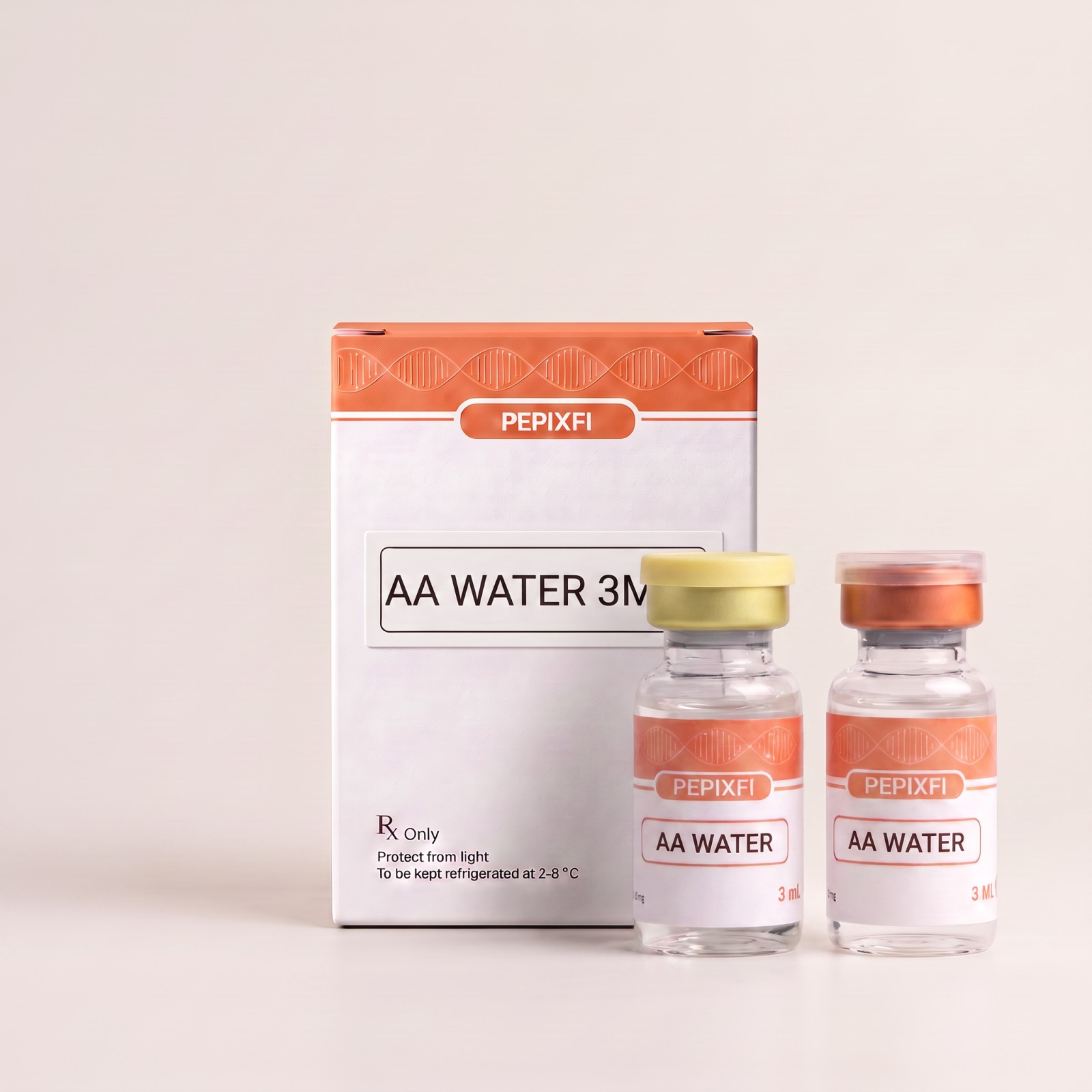 AA-vatten 3ml — vial och BAC-vatten, förpackning från Pepixfi