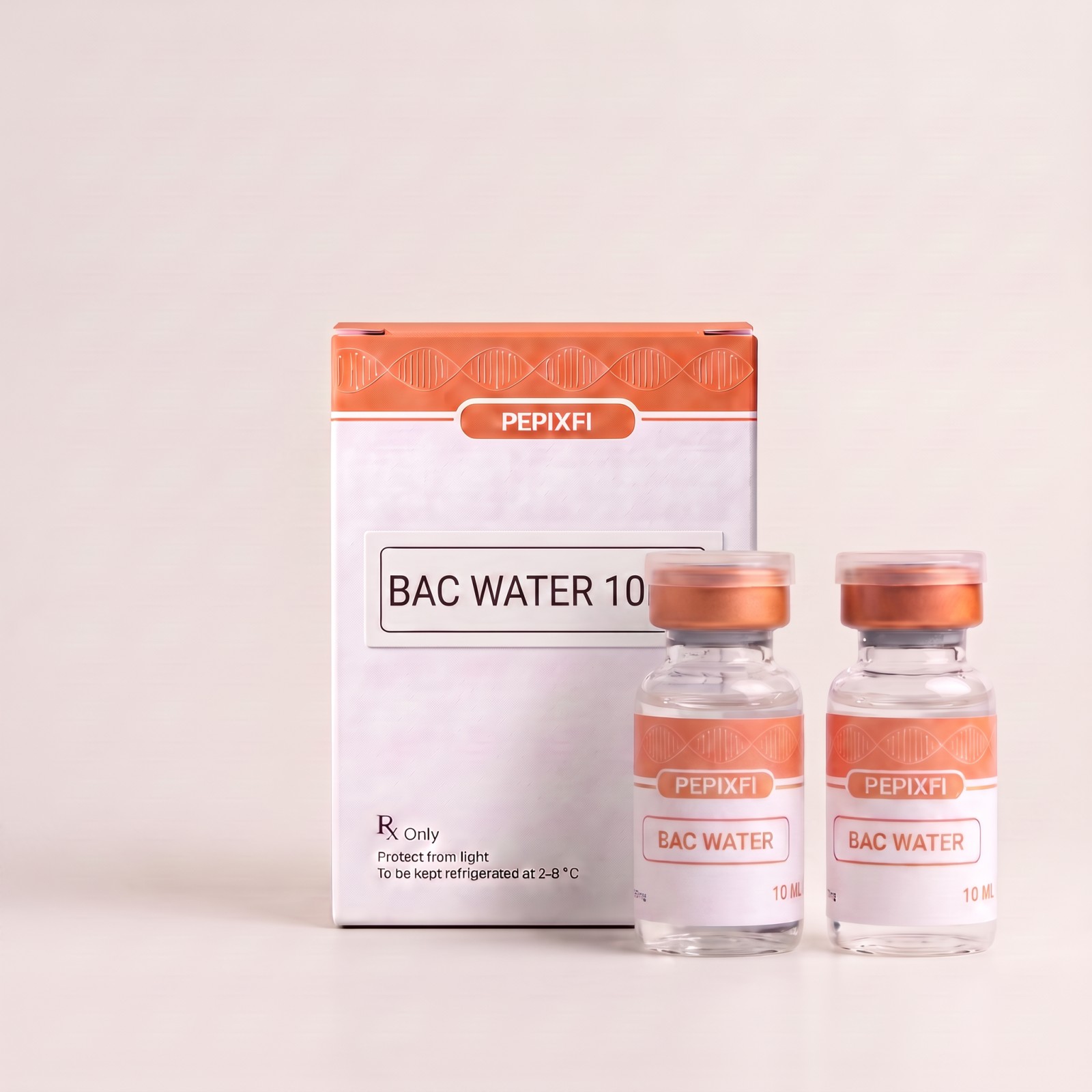 BAC-vatten 10ml — vial och BAC-vatten, förpackning från Pepixfi