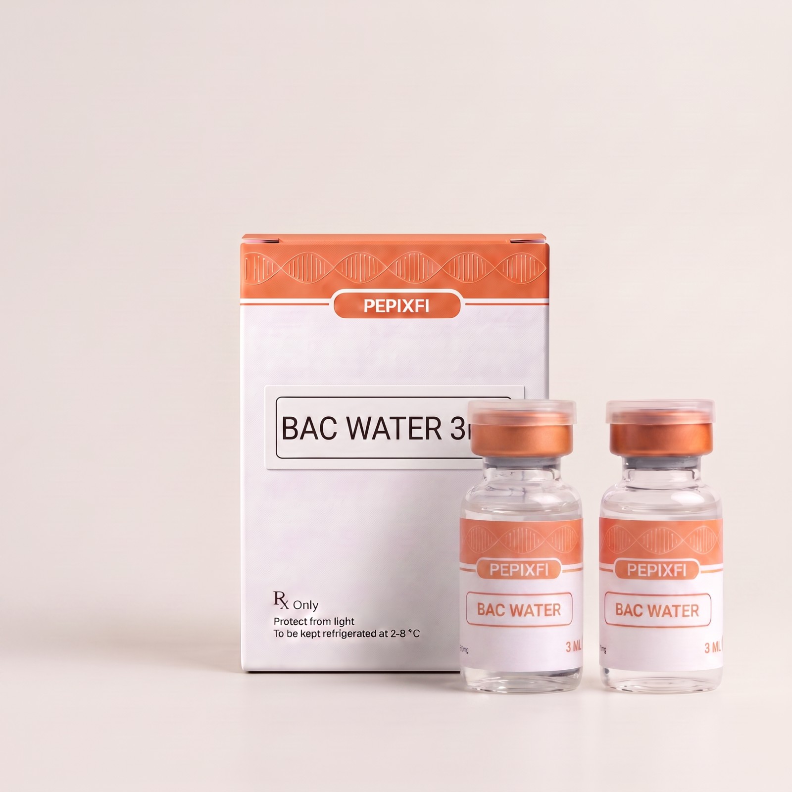 BAC-vatten 3ml — vial och BAC-vatten, förpackning från Pepixfi