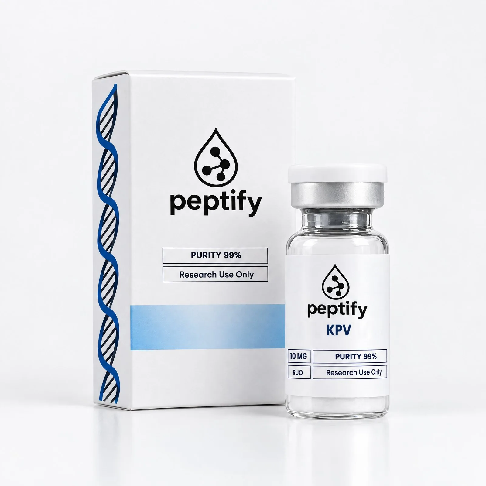 KPV 1 vial — förpackning och vial snett från sidan, Pepixfi
