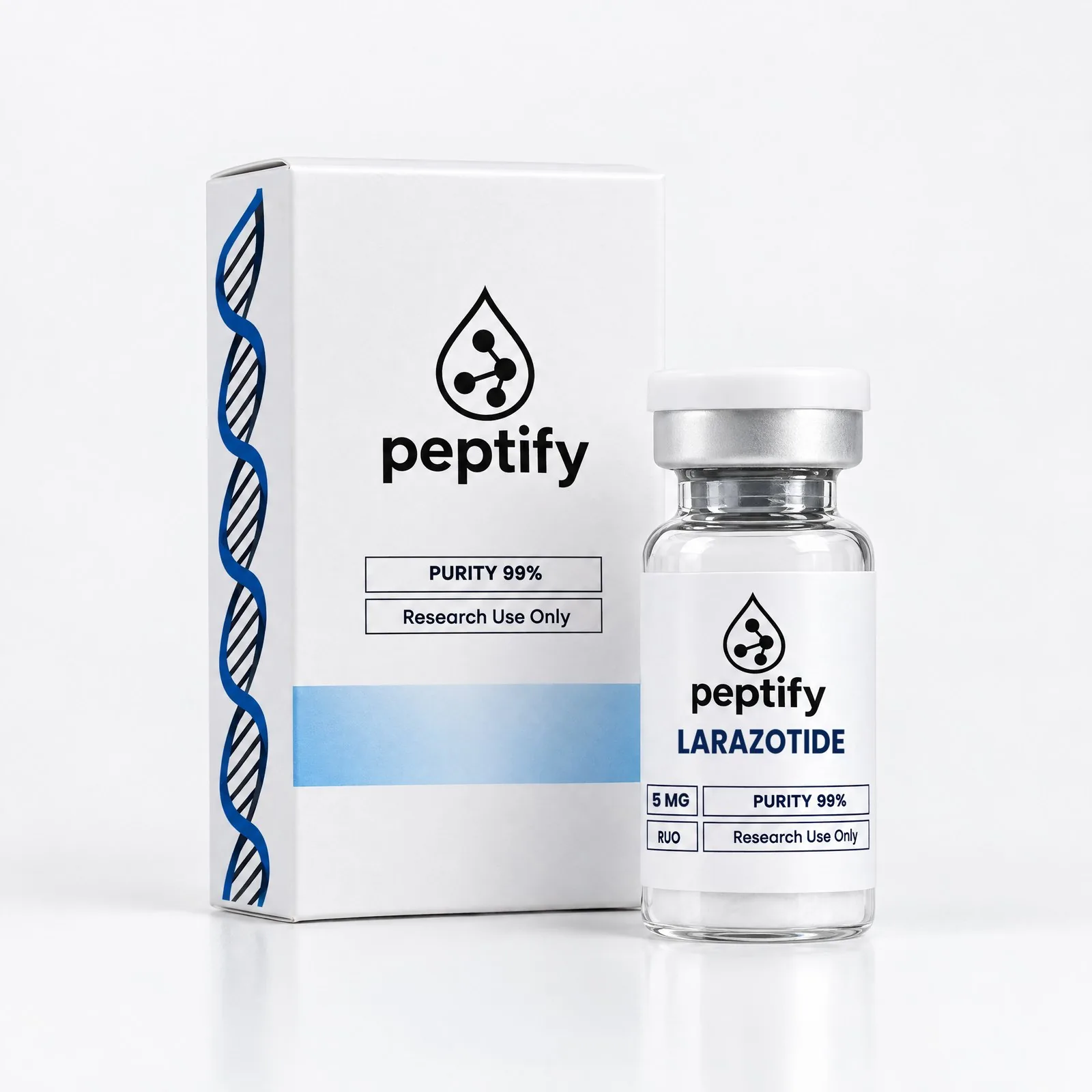 Larazotide 5mg — förpackning och vial snett från sidan, Pepixfi