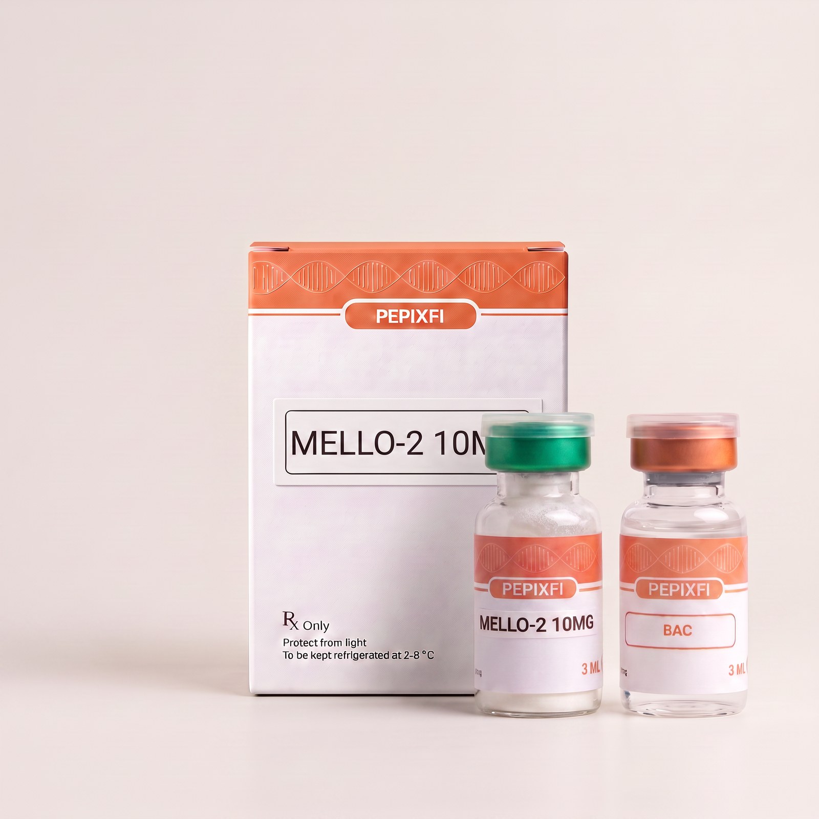 Mello 2 10mg — vial och BAC-vatten, förpackning från Pepixfi