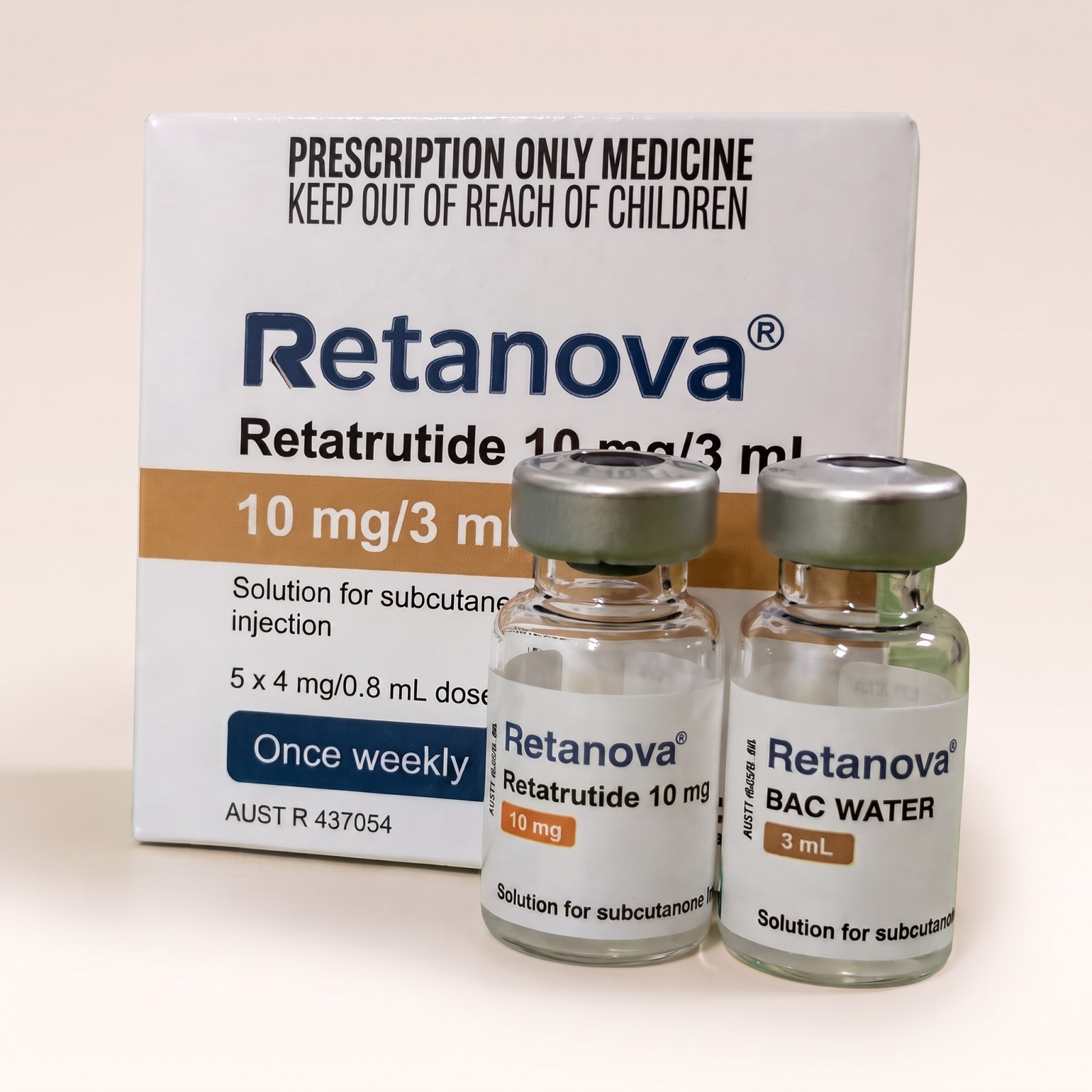 Retatrutide Vial 10mg — vial och BAC-vatten, förpackning från Pepixfi