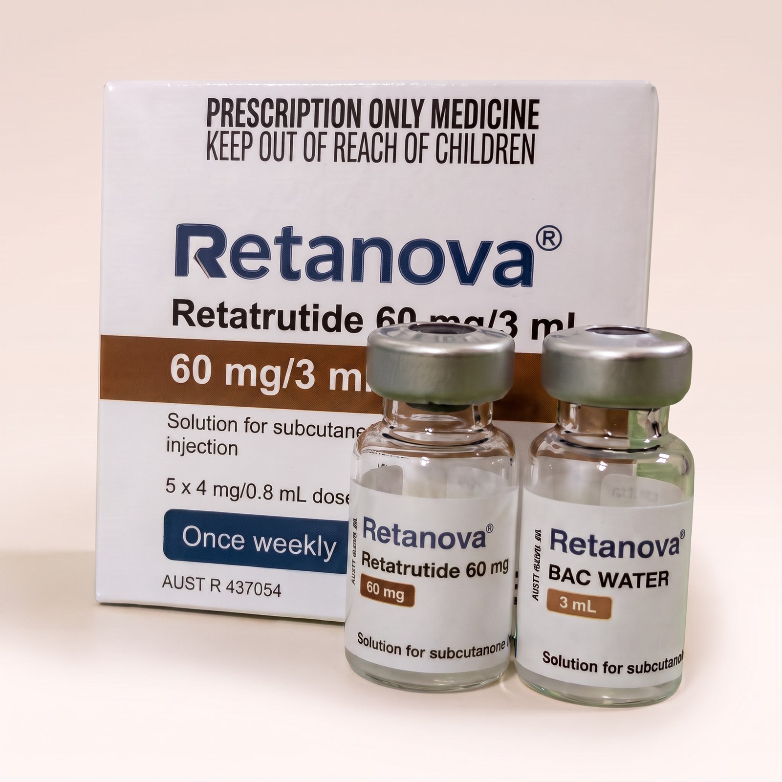 Retatrutide Vial 60mg — vial och BAC-vatten, förpackning från Pepixfi