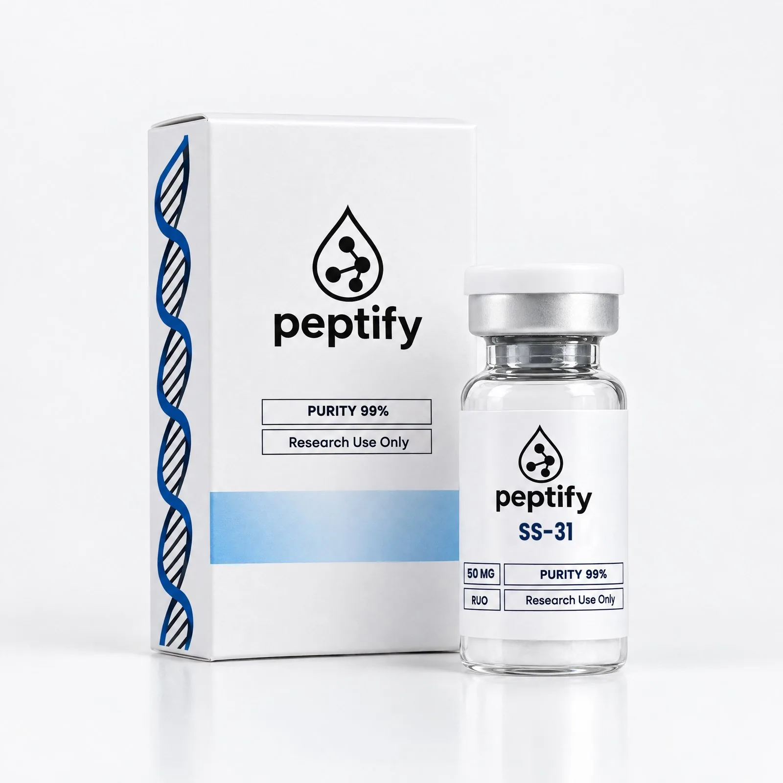 SS-31 50mg — förpackning och vial snett från sidan, Pepixfi
